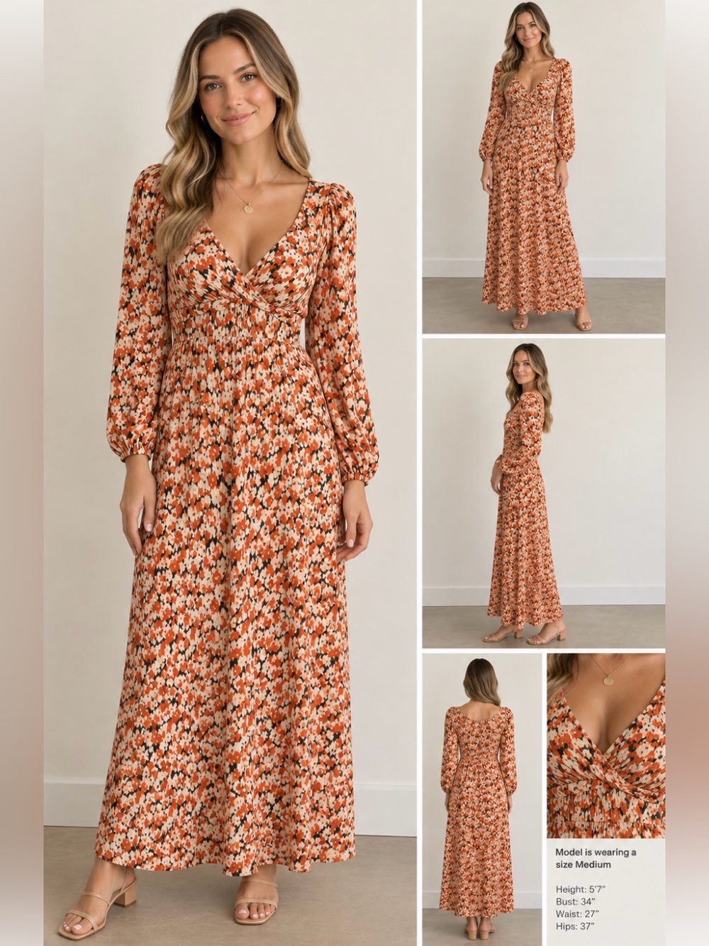 Mango Orange Floral Long-Sleeve Maxi Dress